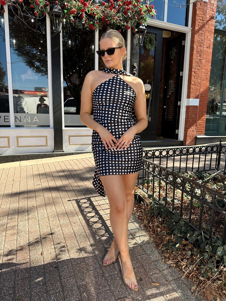 Emmy Black and White Polka Dot Halter Neck Satin Mini Dress - Gwenna The Label