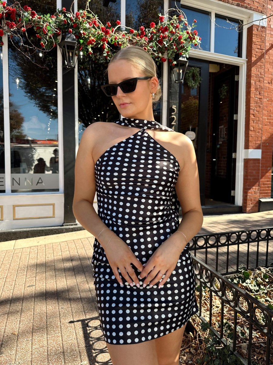 Emmy Black and White Polka Dot Halter Neck Satin Mini Dress - Gwenna The Label
