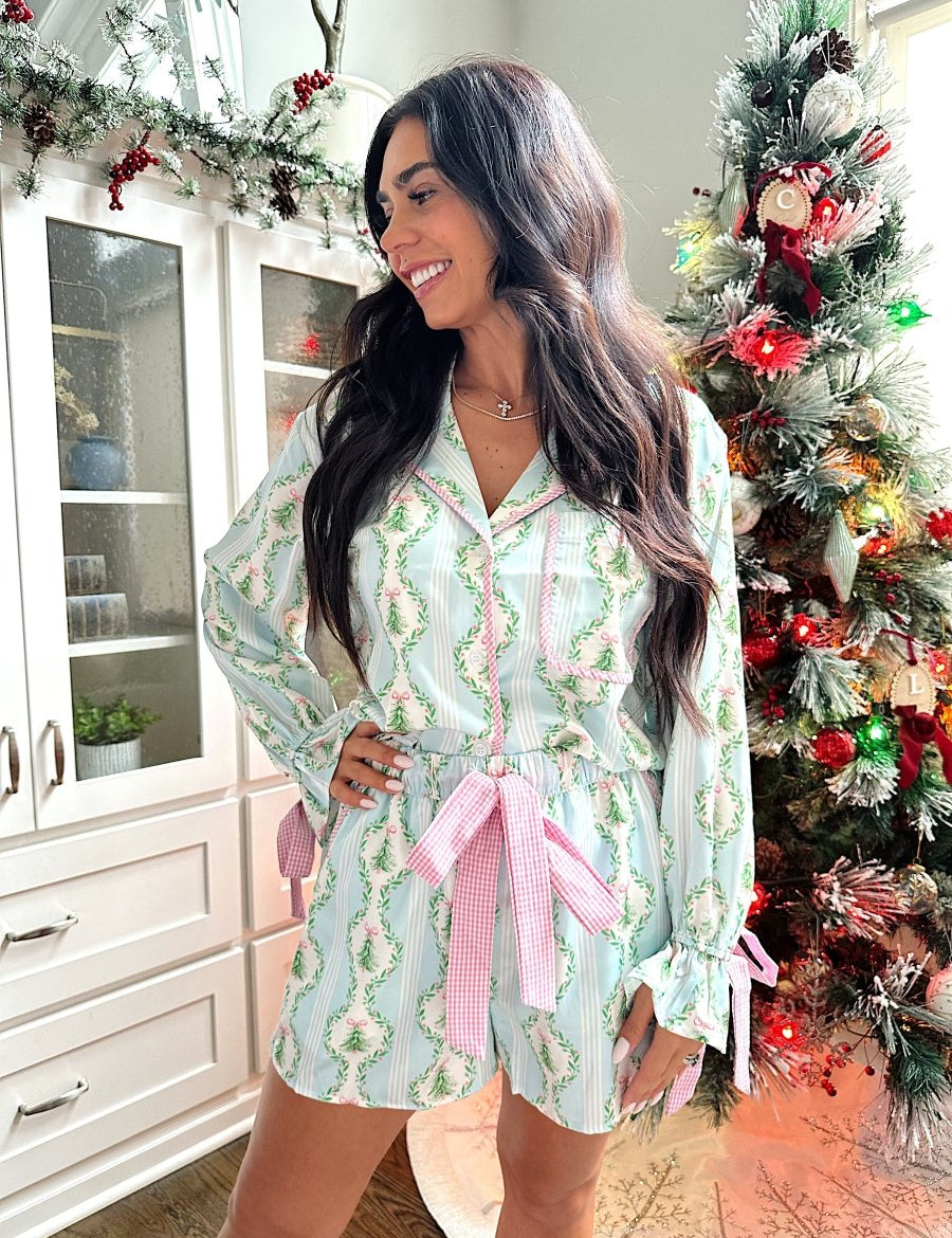Frosted Evergreen Blue Satin Pajama Set - Gwenna The Label