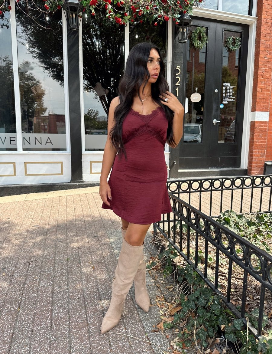 Gabby Satin Burgundy Lace Slip Dress - Gwenna The Label