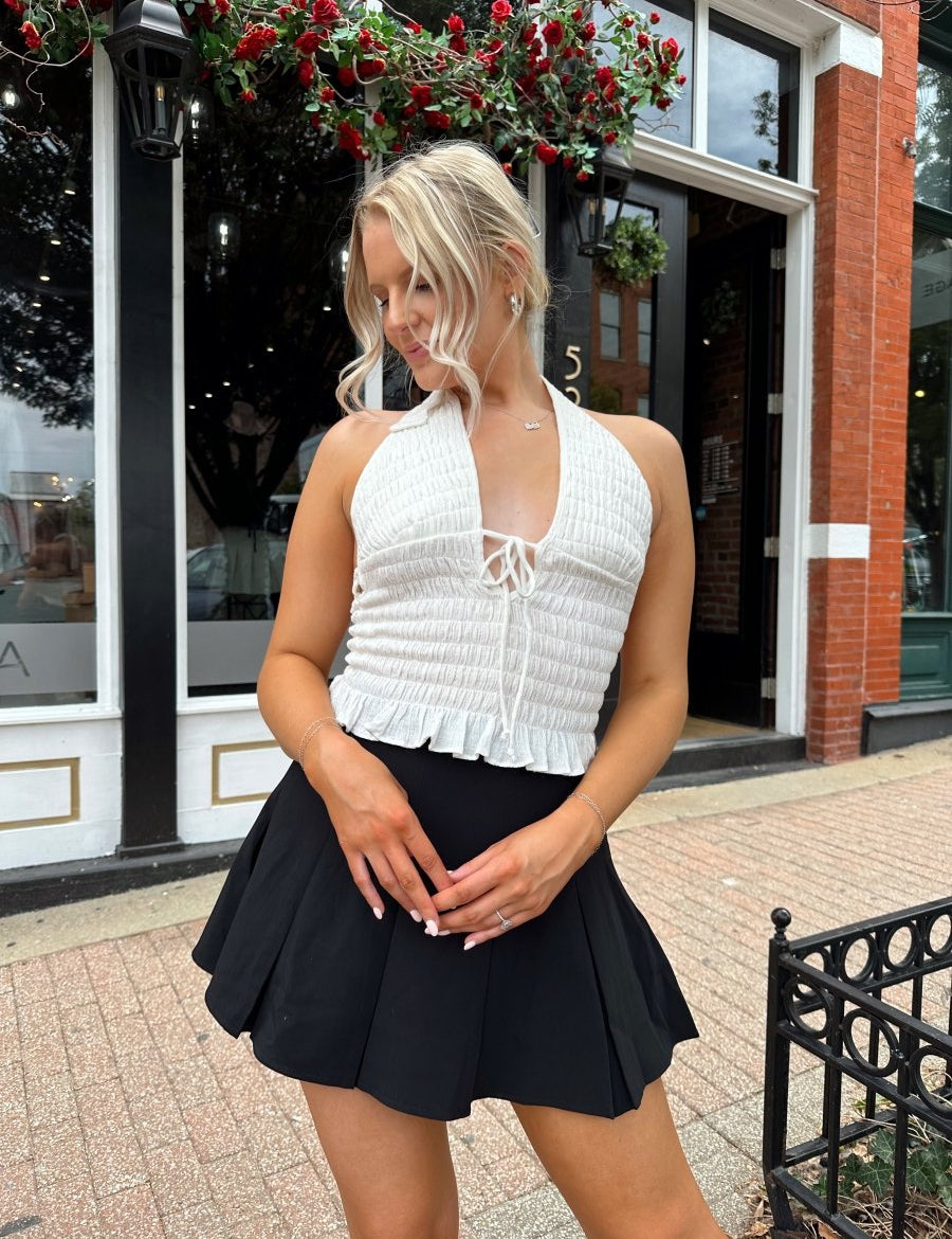 Georgie White Smocked Halter Neck Top - Gwenna The Label