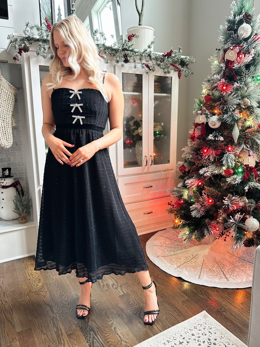 Giana Black Sparkle Bow Midi Dress - Gwenna The Label