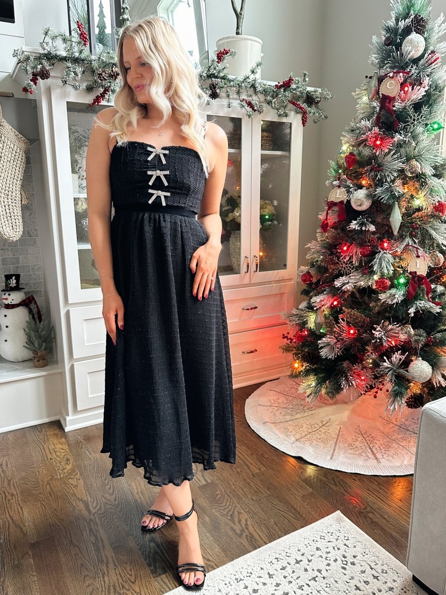 Giana Black Sparkle Bow Midi Dress - Gwenna The Label
