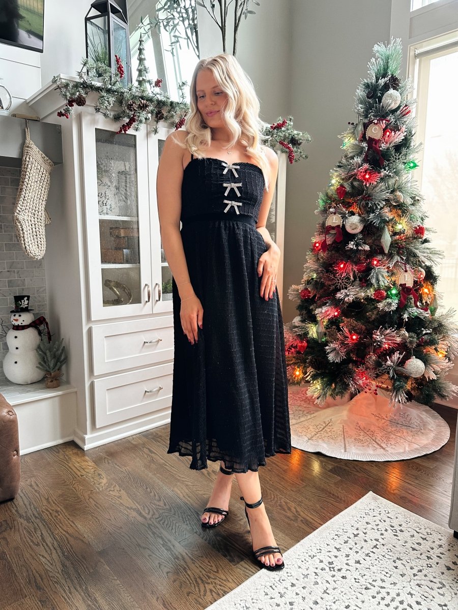 Giana Black Sparkle Bow Midi Dress - Gwenna The Label