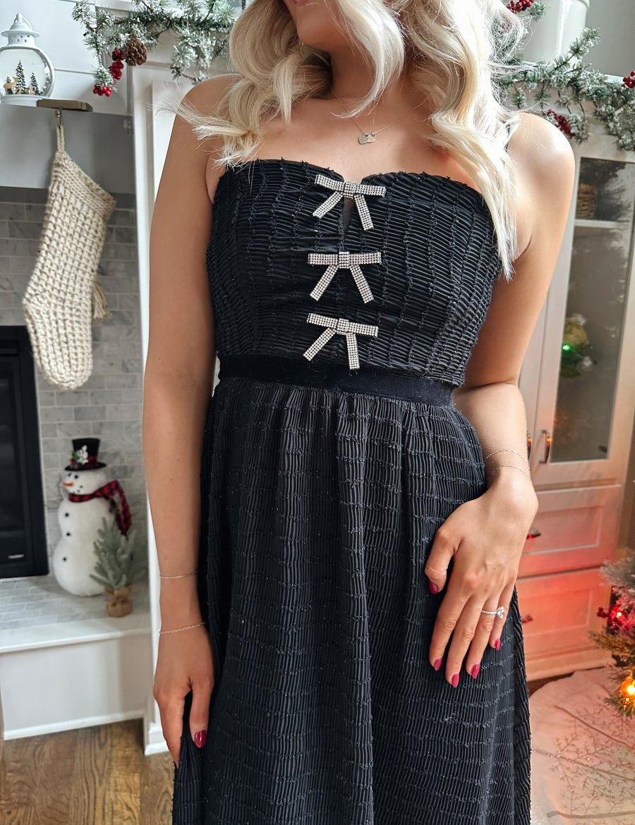 Giana Black Sparkle Bow Midi Dress - Gwenna The Label