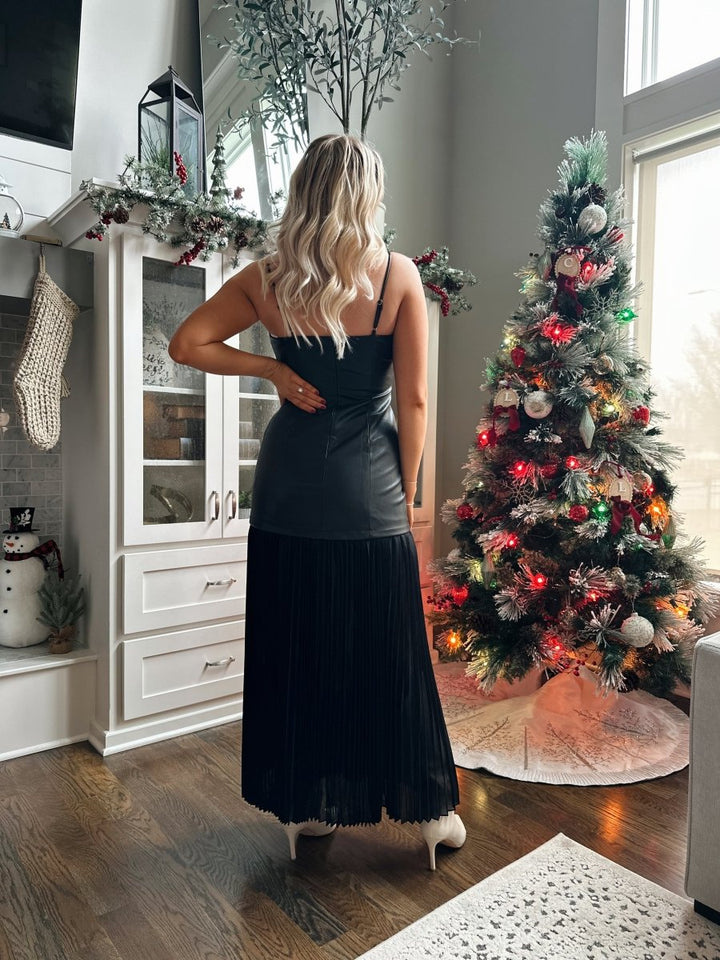 Gretchen Black Leather Plisse Maxi Dress - Gwenna The Label