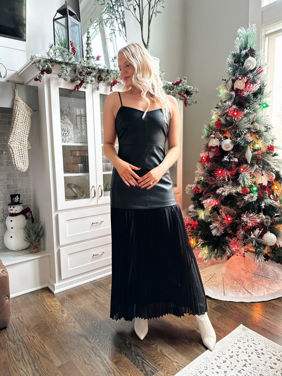 Gretchen Black Leather Plisse Maxi Dress