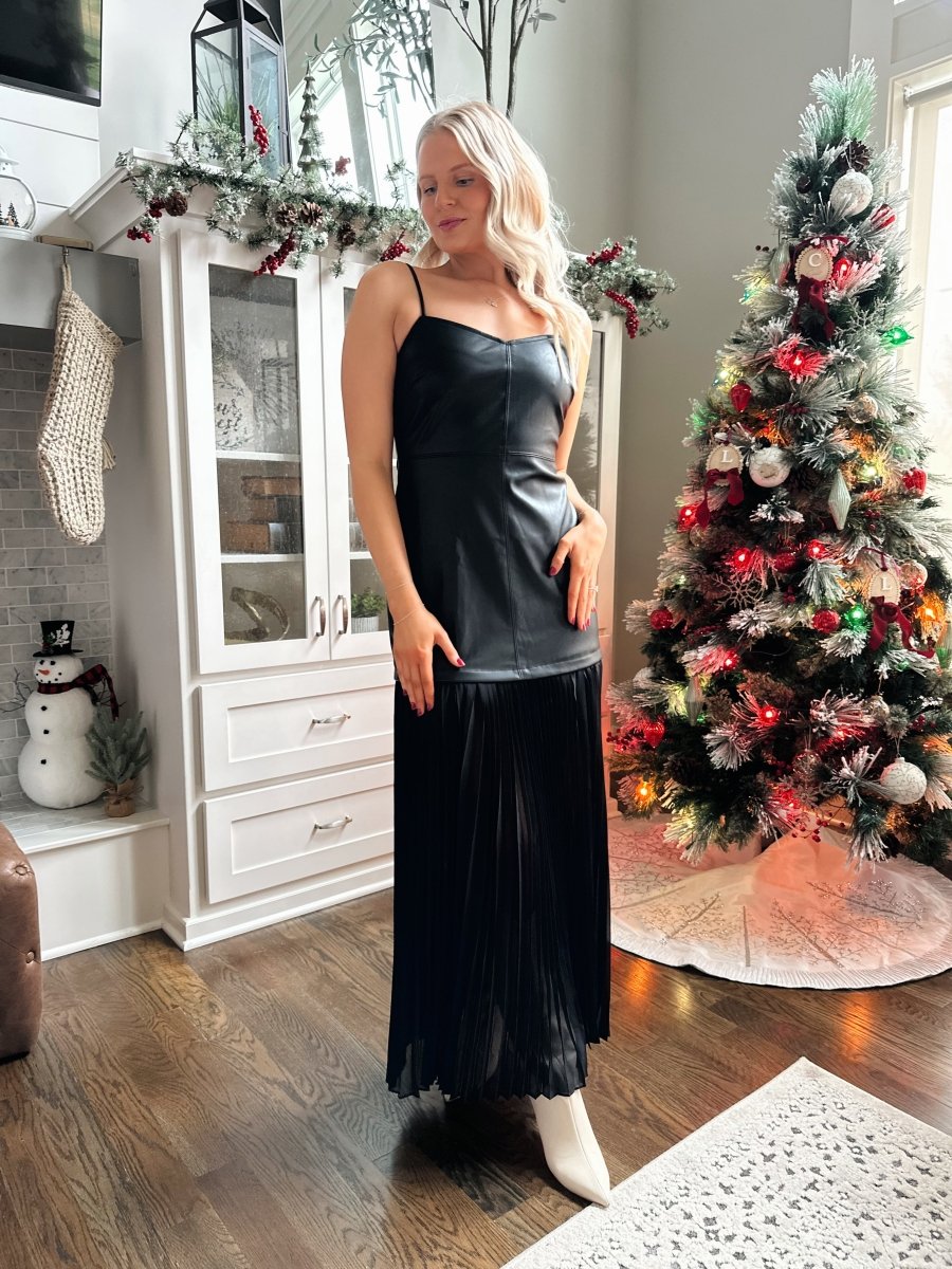 Gretchen Black Leather Plisse Maxi Dress - Gwenna The Label