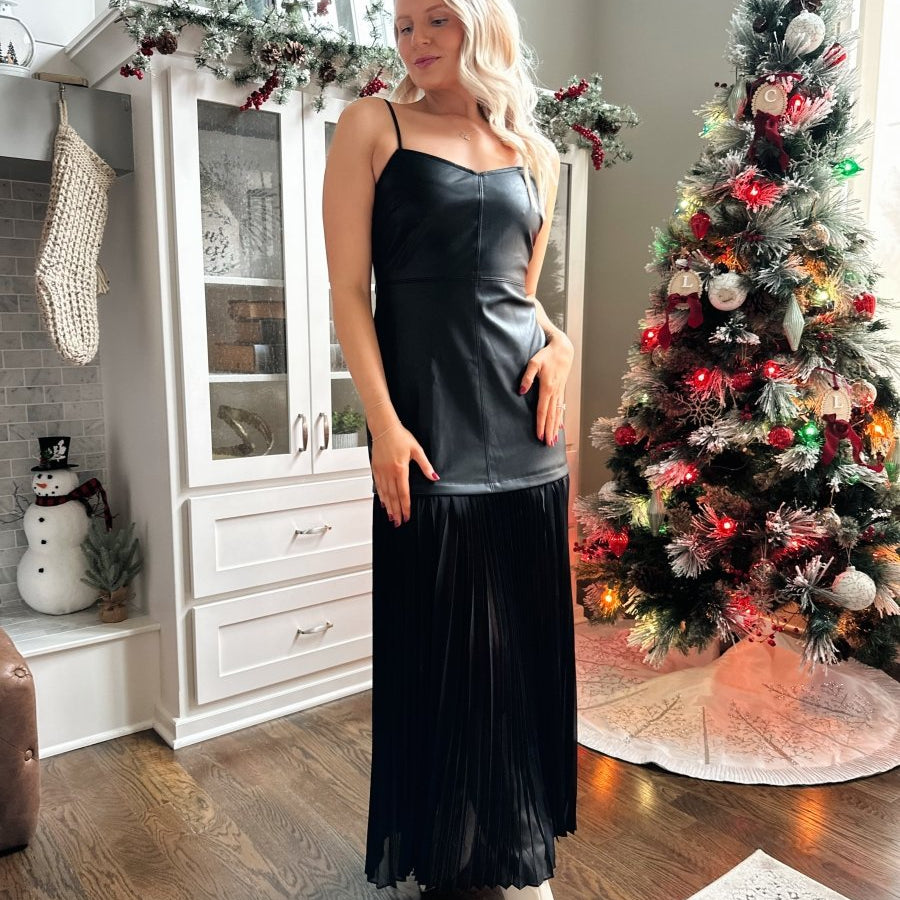 Gretchen Black Leather Plisse Maxi Dress - Gwenna The Label