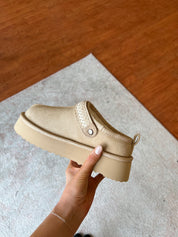 Tan Suede Slip On Clogs.