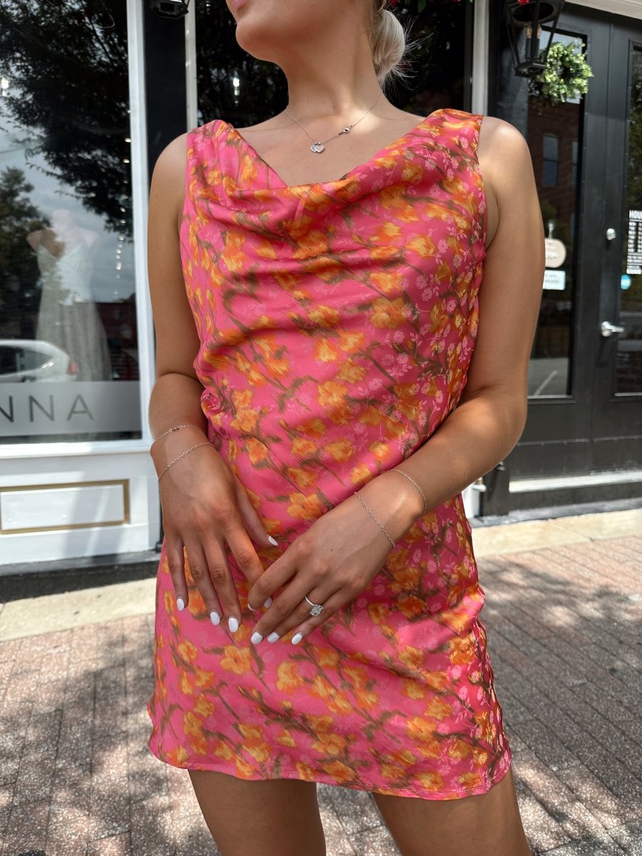 Haven Hot Pink & Rust Floral Satin Mini Dress - Gwenna The Label