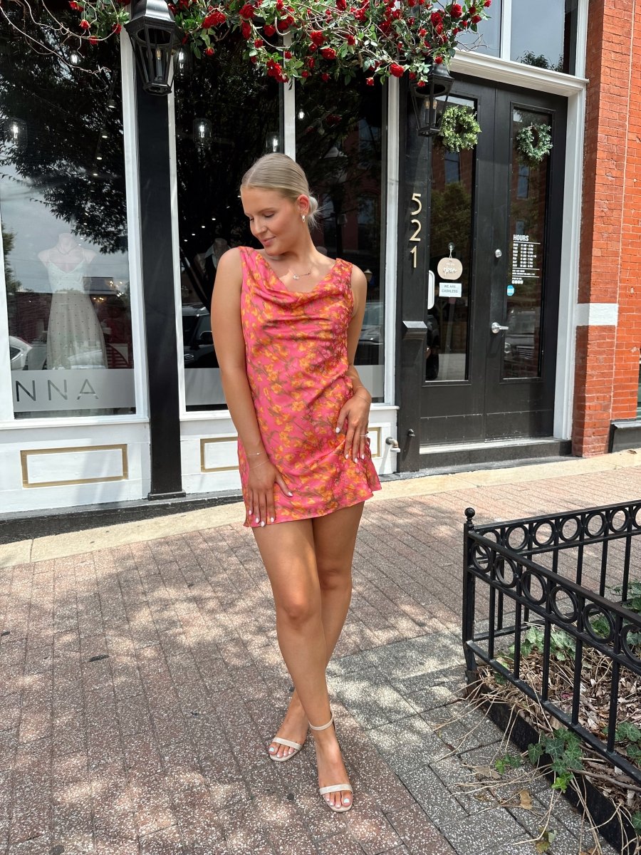 Haven Hot Pink & Rust Floral Satin Mini Dress - Gwenna The Label