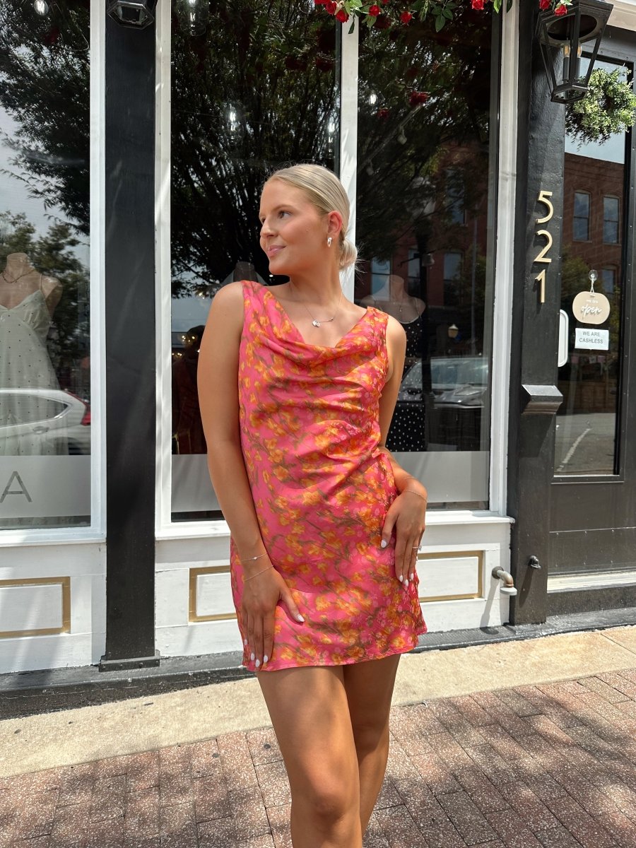 Haven Hot Pink & Rust Floral Satin Mini Dress - Gwenna The Label