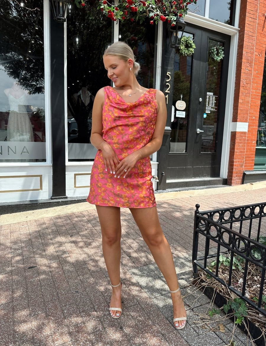 Haven Hot Pink & Rust Floral Satin Mini Dress - Gwenna The Label