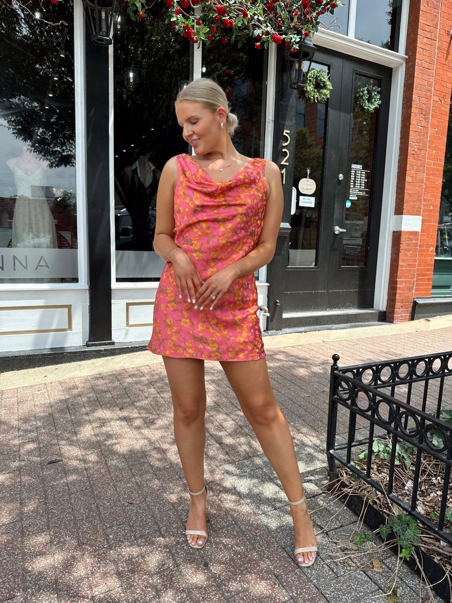 Haven Hot Pink & Rust Floral Satin Mini Dress - Gwenna The Label