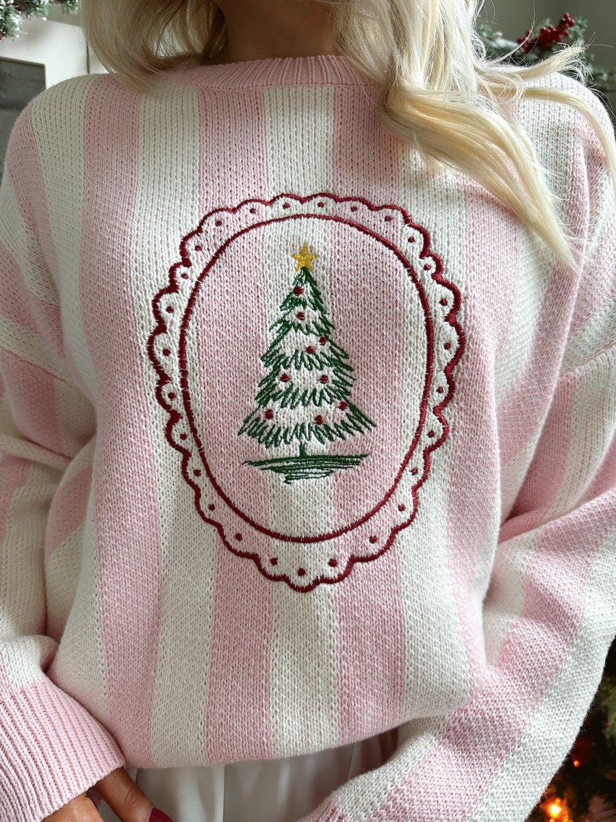 Holiday Pink Striped Christmas Tree Sweater - Gwenna The Label