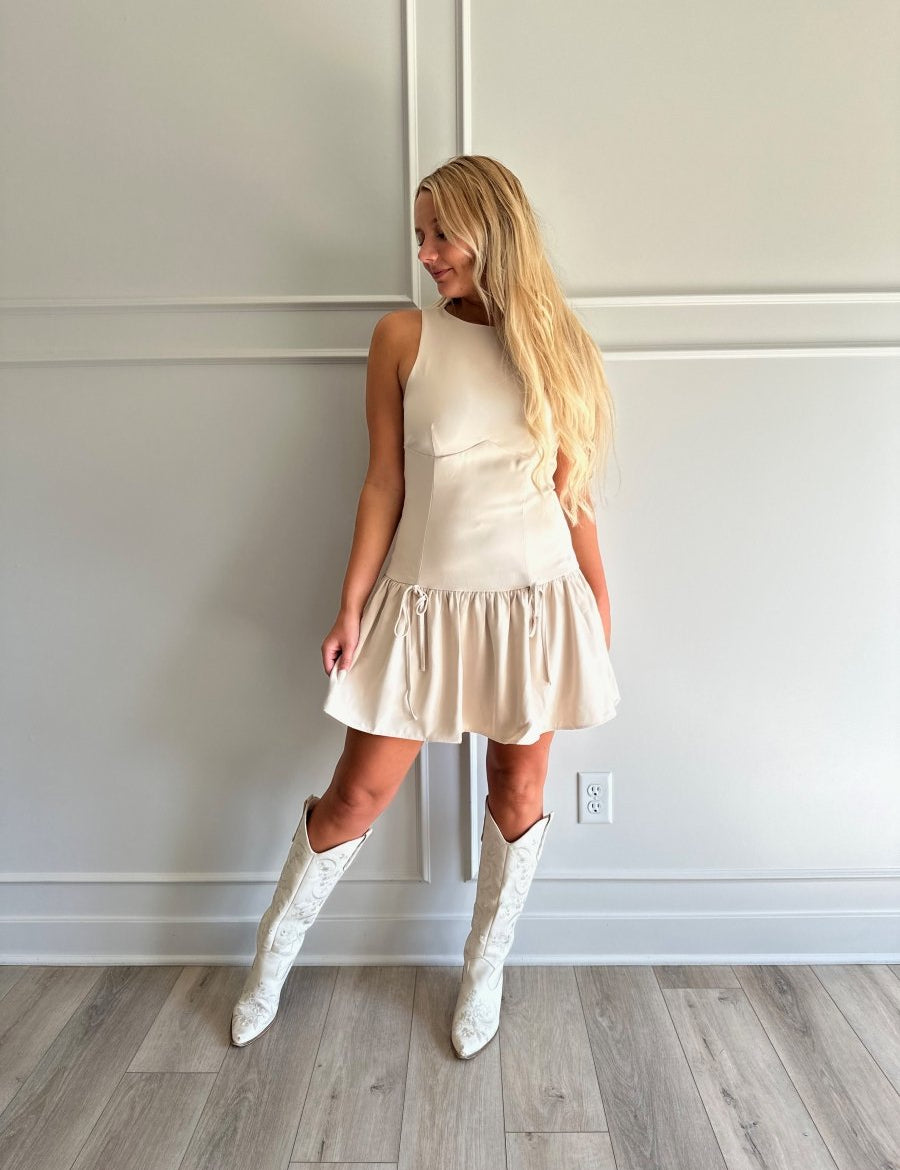 Hollis Beige Drop Waist Bow Detail Mini Dress - Gwenna The Label