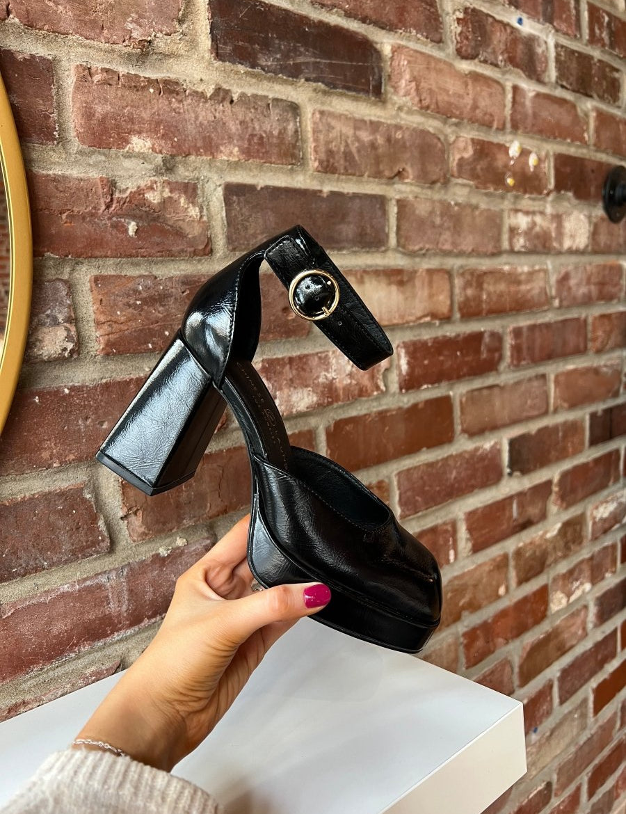 Hollis Black Patent Square Toe Platform Heel - Gwenna The Label