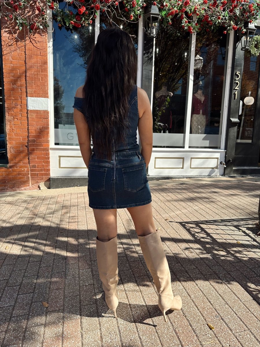 Jett Dark Wash Denim Asymmetrical Shoulder Mini Dress - Gwenna The Label