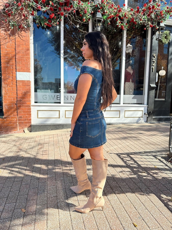 Jett Dark Wash Denim Asymmetrical Shoulder Mini Dress - Gwenna The Label