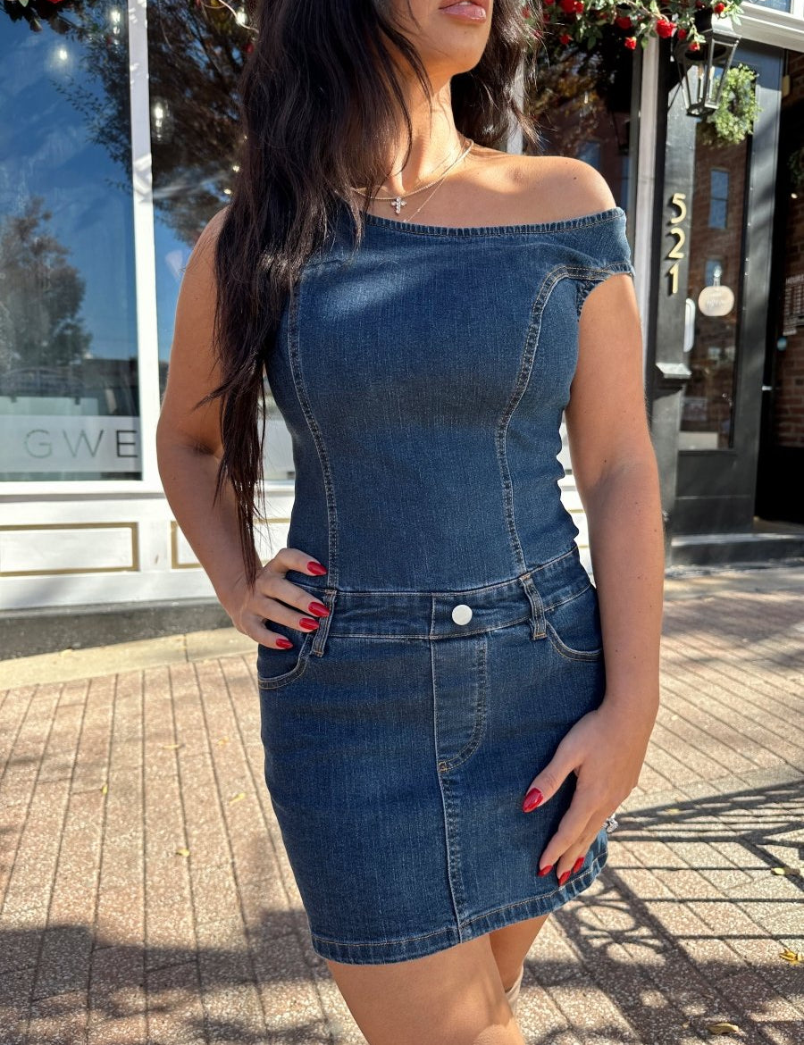 Jett Dark Wash Denim Asymmetrical Shoulder Mini Dress - Gwenna The Label