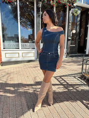 Jett Dark Wash Denim Asymmetrical Shoulder Mini Dress - Gwenna The Label