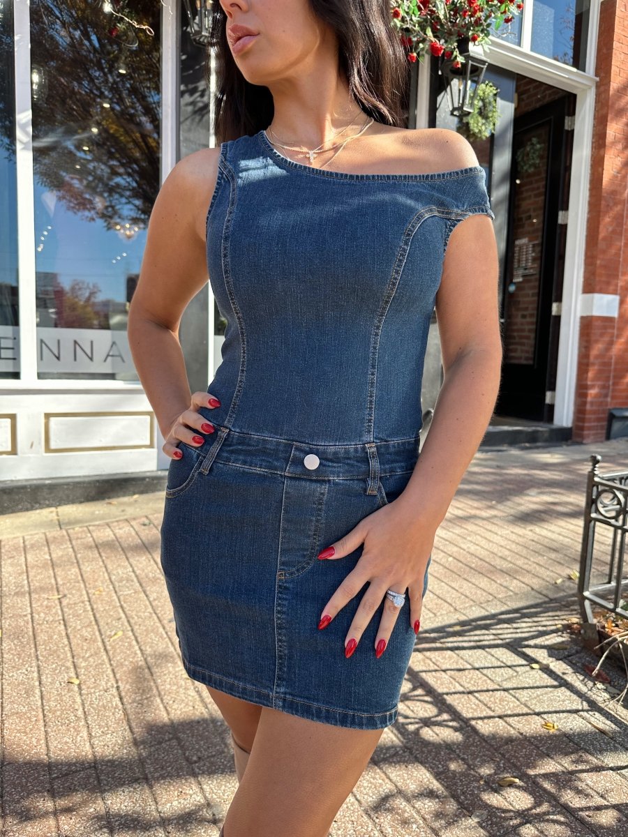 Jett Dark Wash Denim Asymmetrical Shoulder Mini Dress - Gwenna The Label