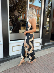 Jones Satin Abstract Halter Neck Open Back Maxi - Gwenna The Label