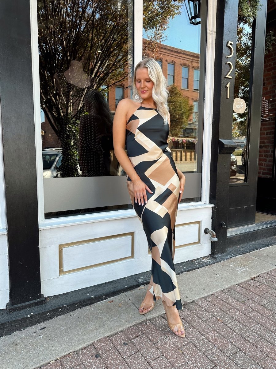 Jones Satin Abstract Halter Neck Open Back Maxi - Gwenna The Label