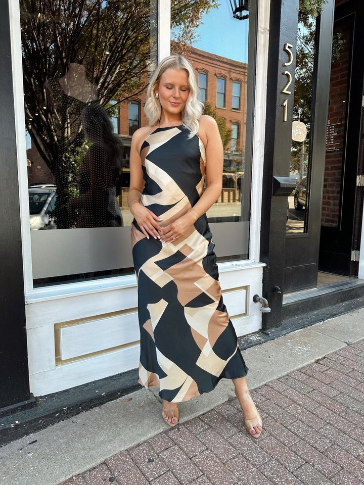 Jones Satin Abstract Halter Neck Open Back Maxi - Gwenna The Label