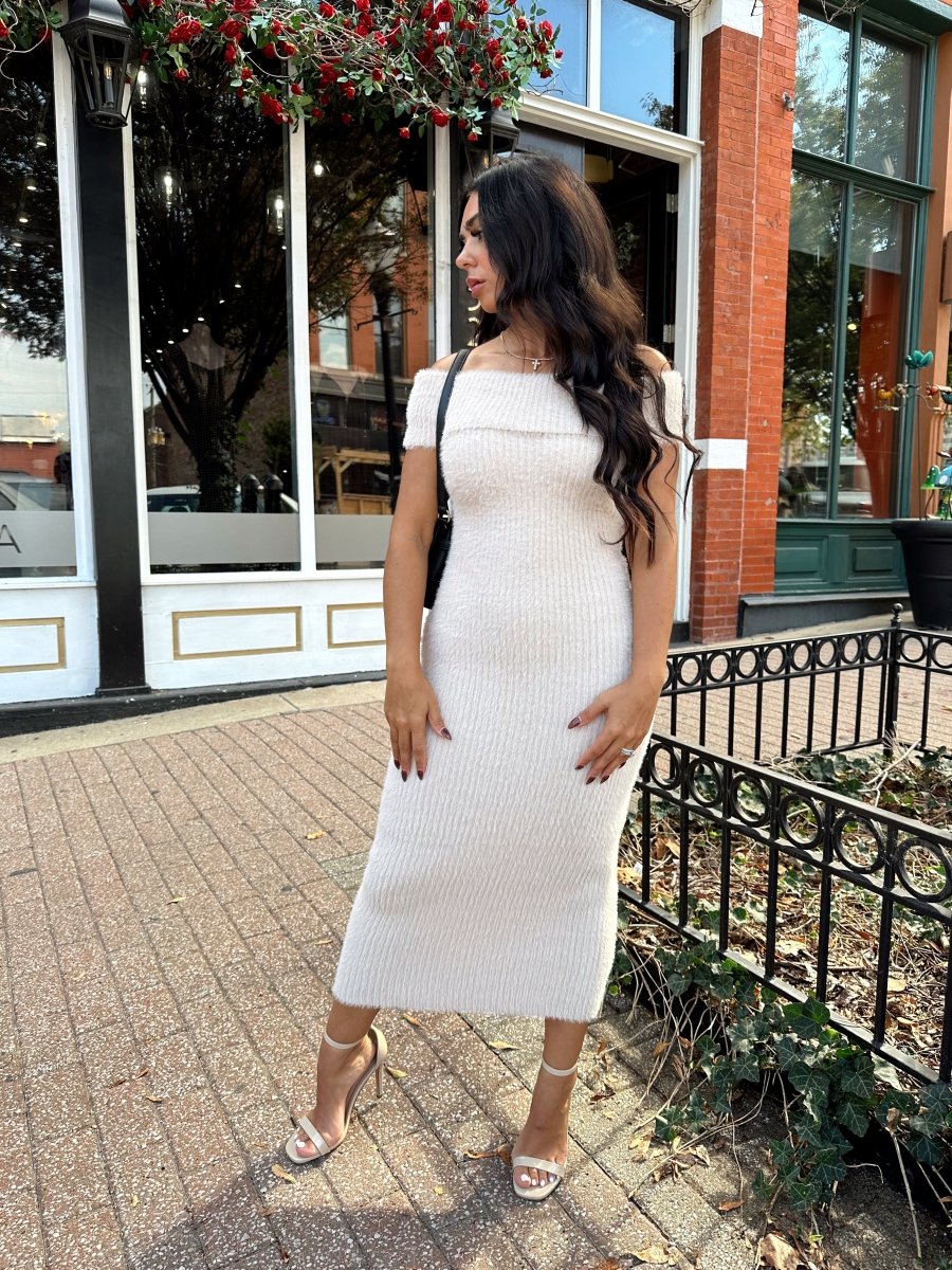 Kaia Cream Furry Off the Shoulder Midi Dress - Gwenna The Label