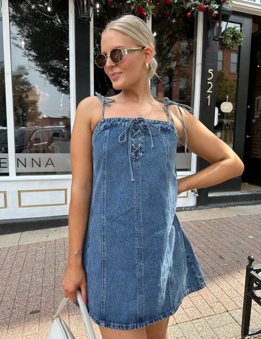 Karly Lace Up Dark Wash Denim Mini Dress - Gwenna The Label