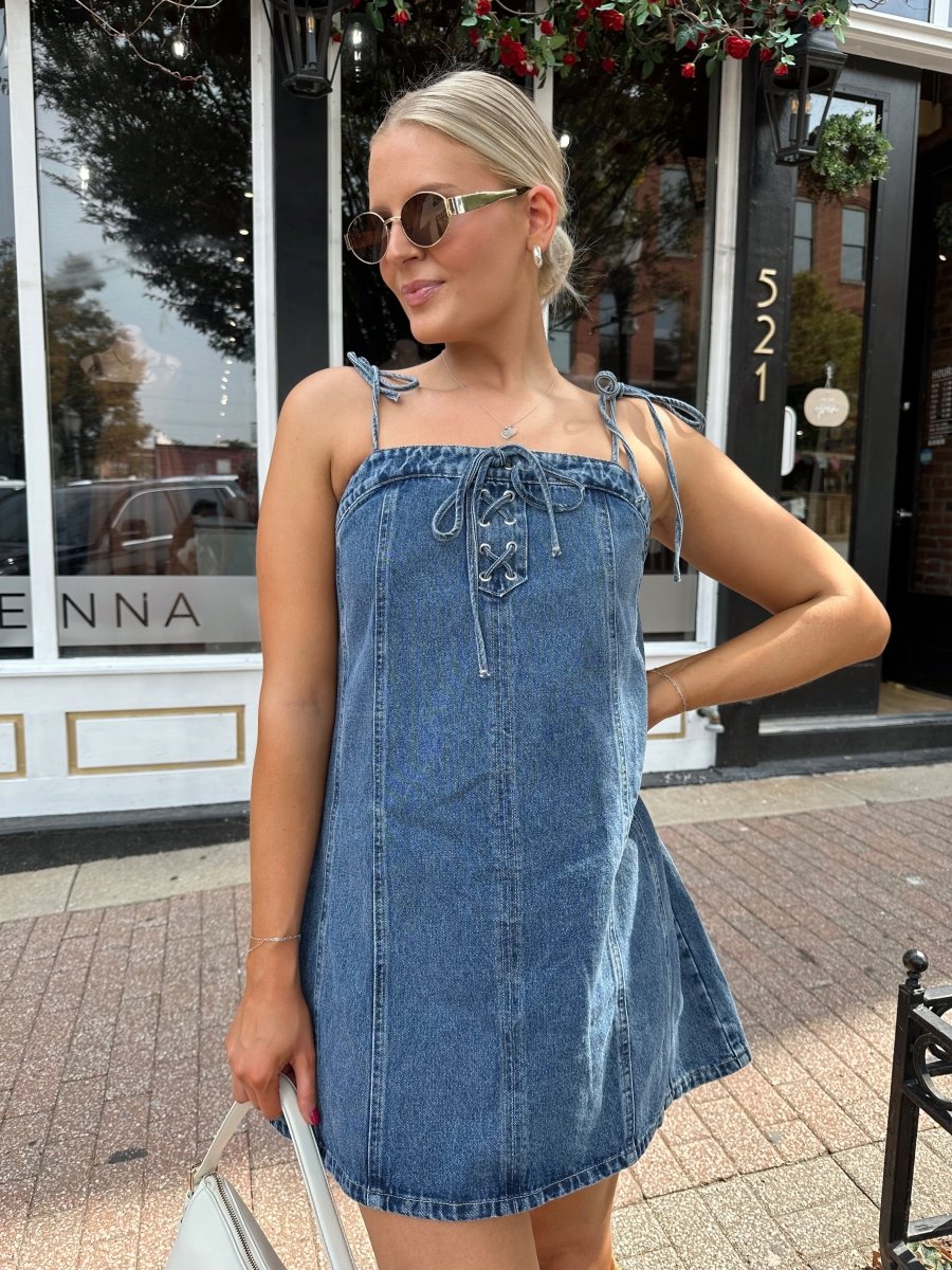 Karly Lace Up Dark Wash Denim Mini Dress - Gwenna The Label