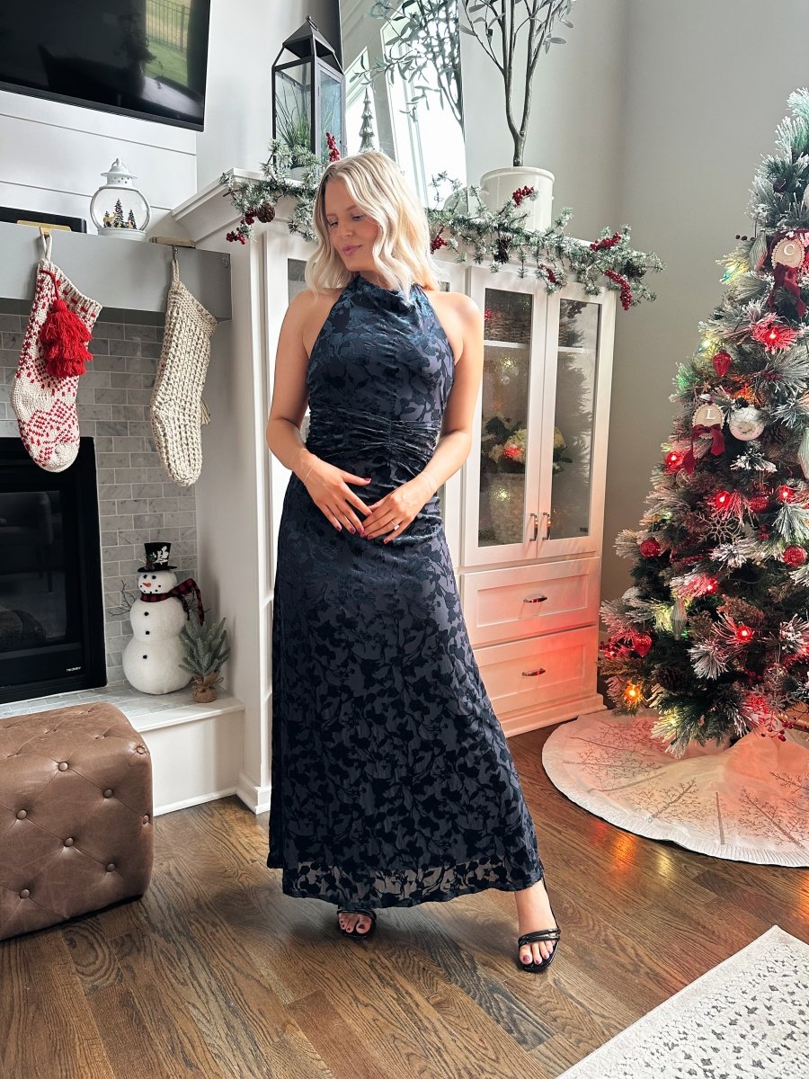 Kinsey Navy Floral Velvet Halter Maxi Dress - Gwenna The Label