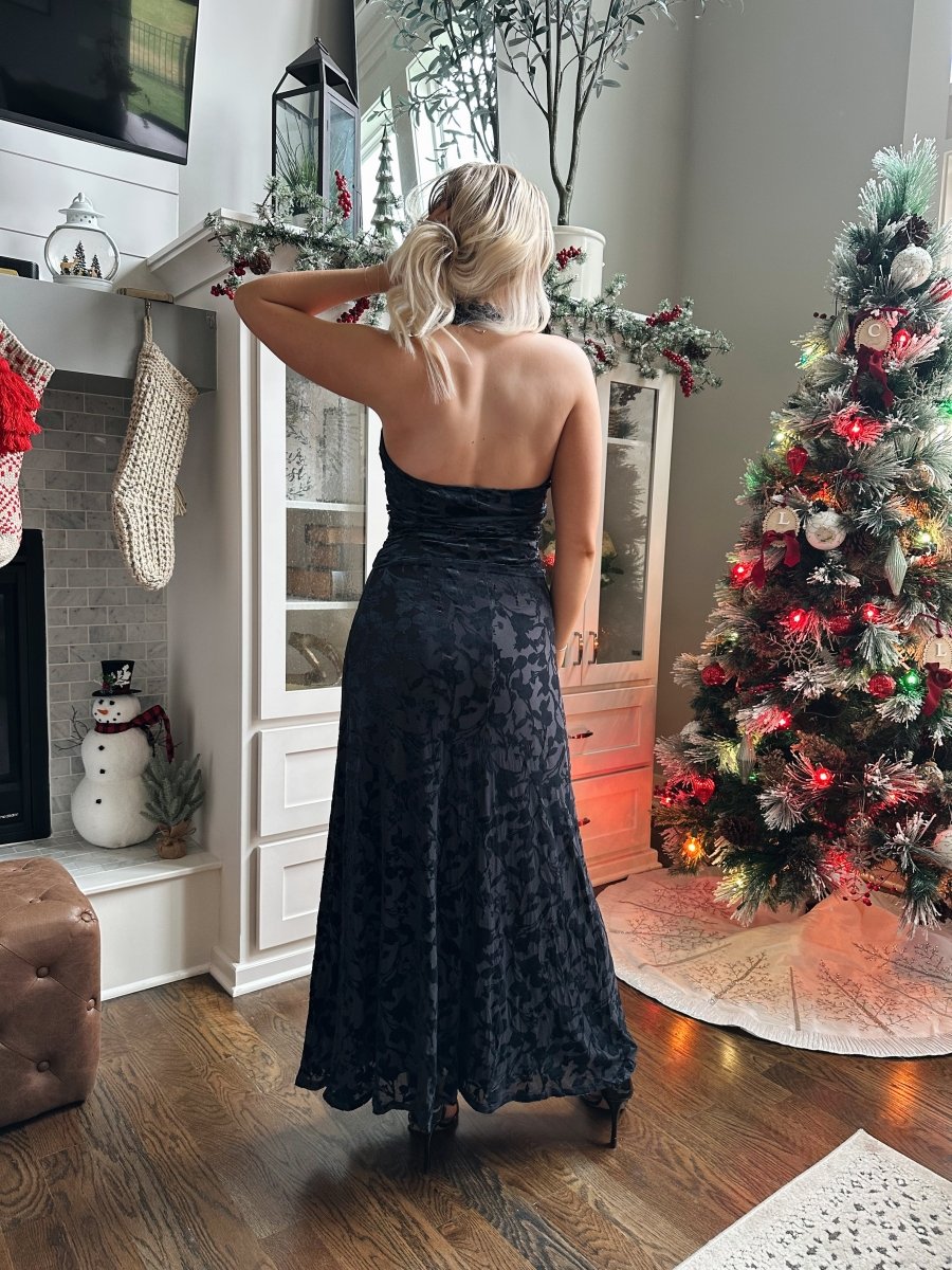 Kinsey Navy Floral Velvet Halter Maxi Dress - Gwenna The Label