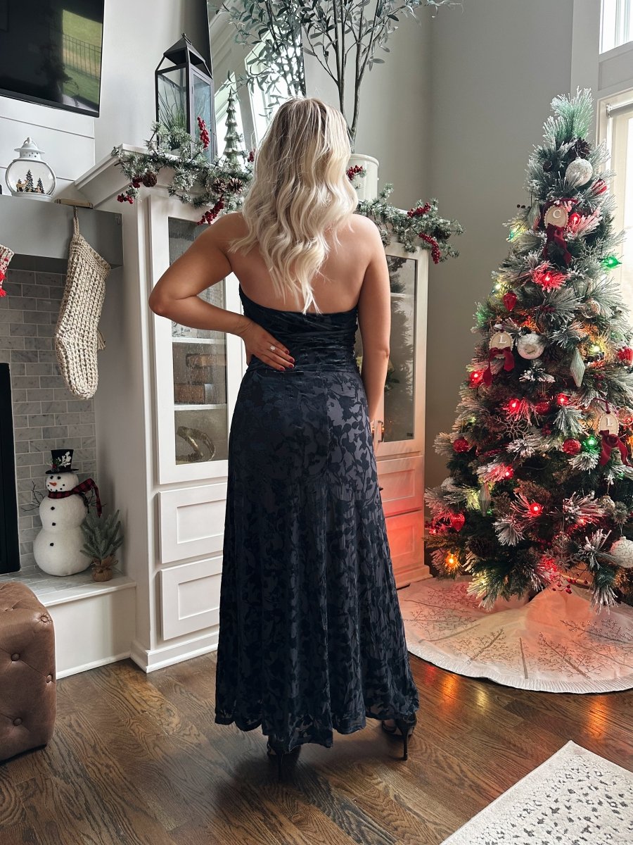 Kinsey Navy Floral Velvet Halter Maxi Dress - Gwenna The Label