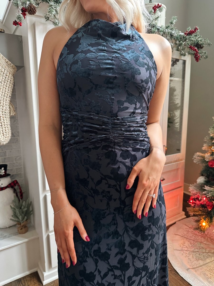 Kinsey Navy Floral Velvet Halter Maxi Dress - Gwenna The Label