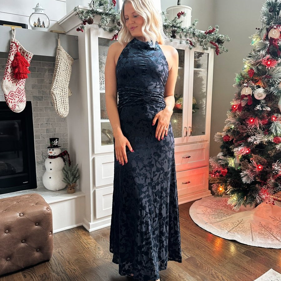 Kinsey Navy Floral Velvet Halter Maxi Dress - Gwenna The Label