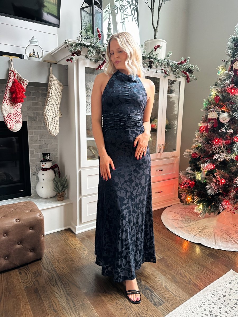 Kinsey Navy Floral Velvet Halter Maxi Dress - Gwenna The Label