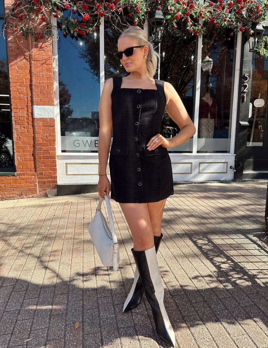 Kleo Black Bouclé Button Down Mini Dress - Gwenna The Label