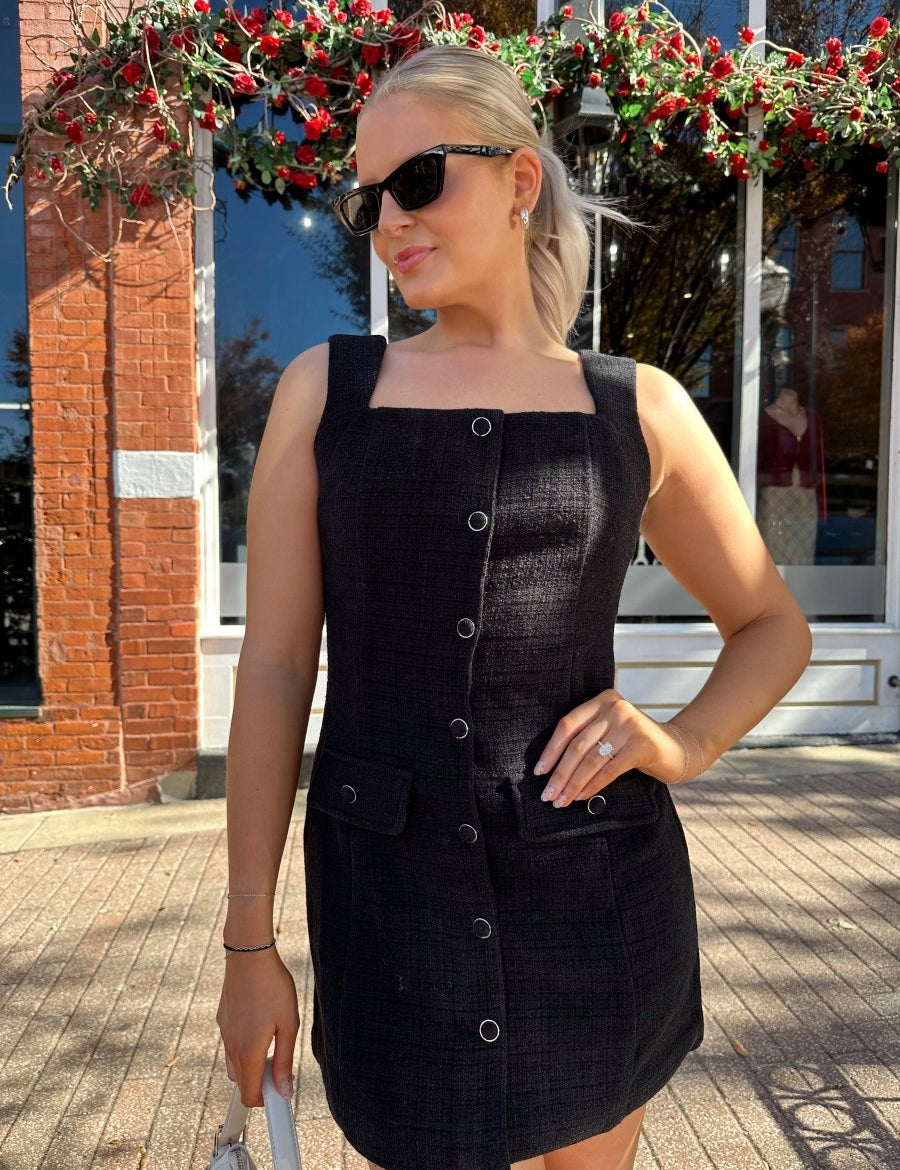 Kleo Black Bouclé Button Down Mini Dress - Gwenna The Label