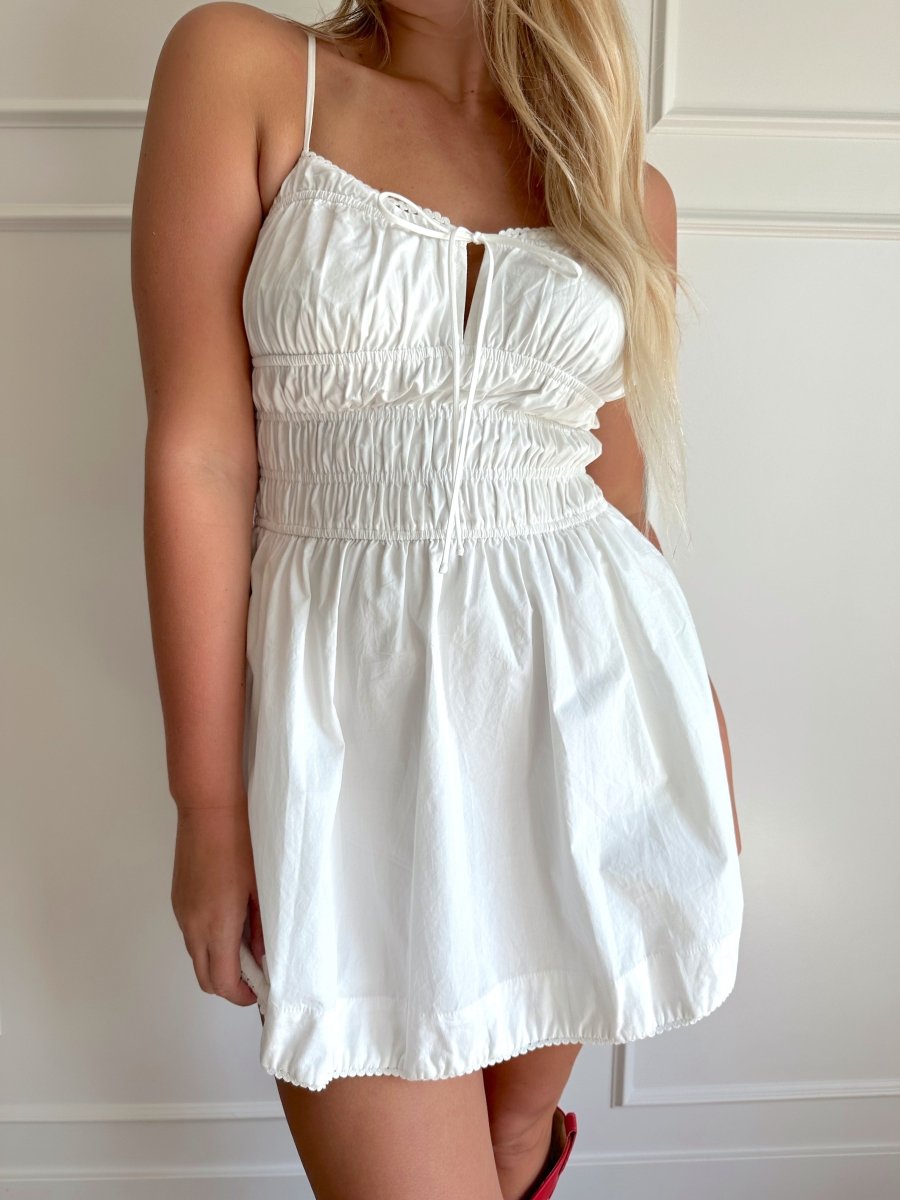Lainey White Smocked Key Hole Mini Dress - Gwenna The Label