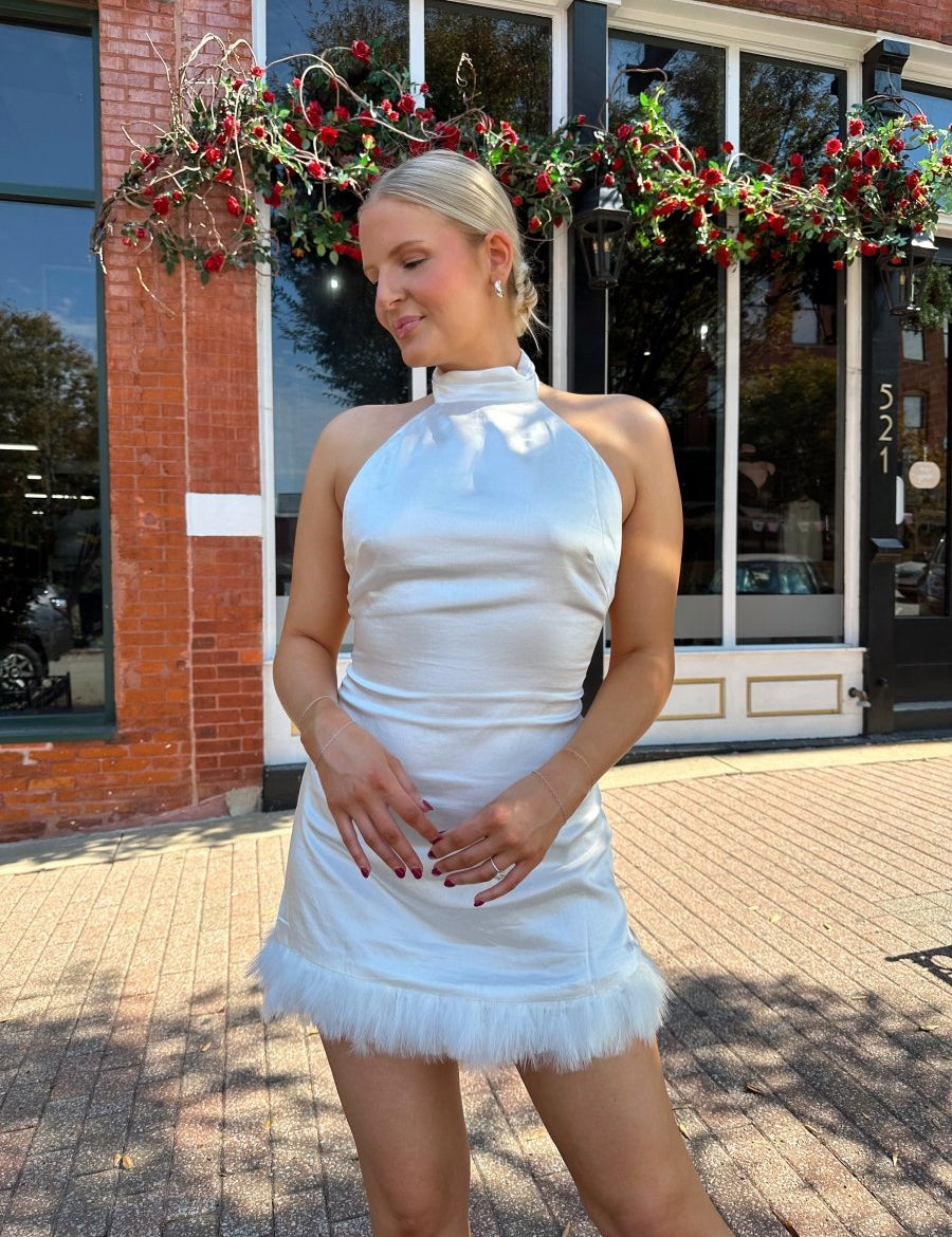 Lene Ivory Satin Feather Trim Mini Dress - Gwenna The Label