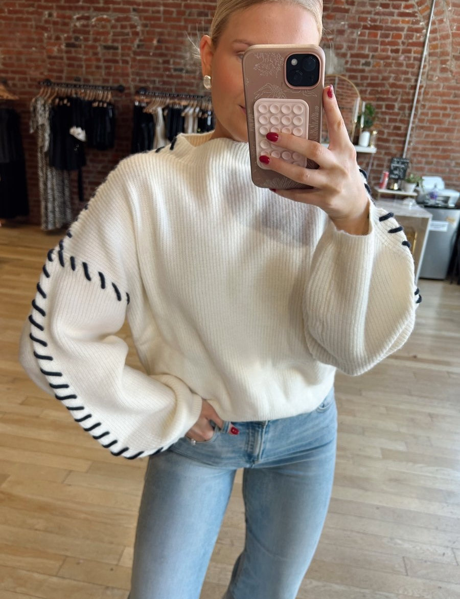 Lexi Cream Sweater With Navy Stitching - Gwenna The Label