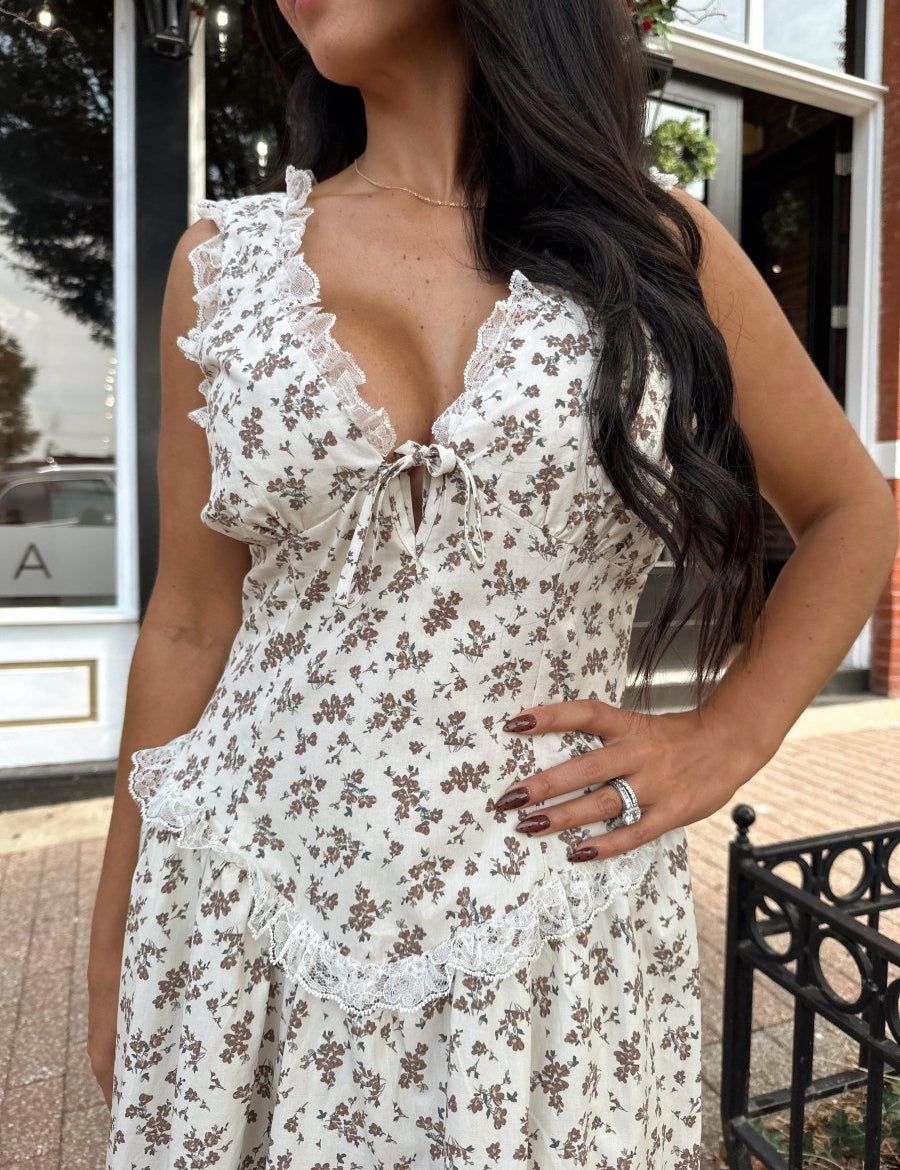 Lorraine Oatmeal Brown Floral Midi Dress - Gwenna The Label