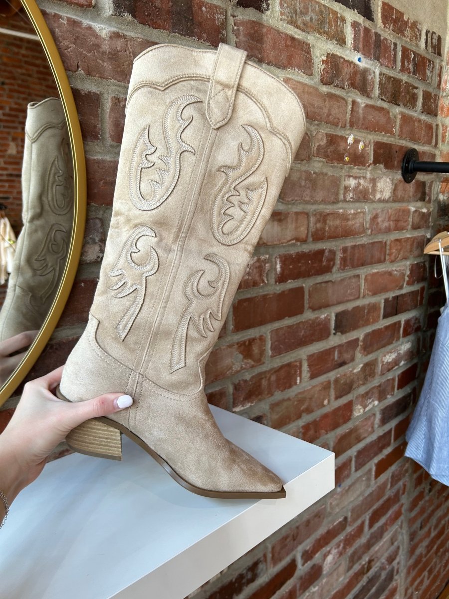 Lucy Brown Suede Embroidered Western Boot - Gwenna The Label