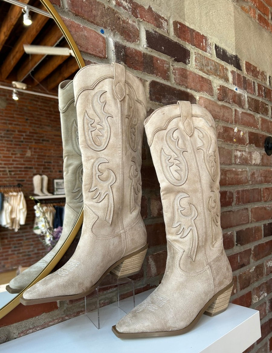 Lucy Brown Suede Embroidered Western Boot - Gwenna The Label