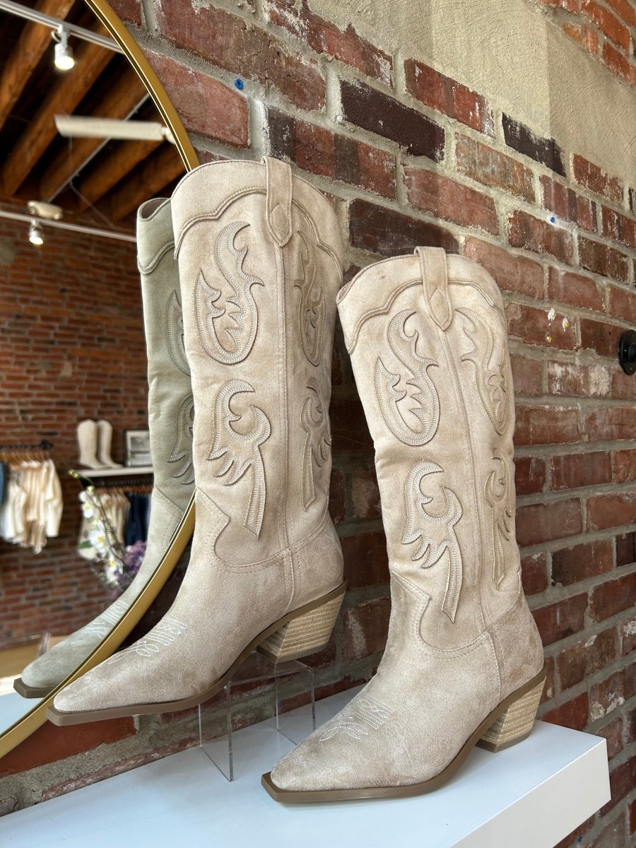 Lucy Brown Suede Embroidered Western Boot - Gwenna The Label
