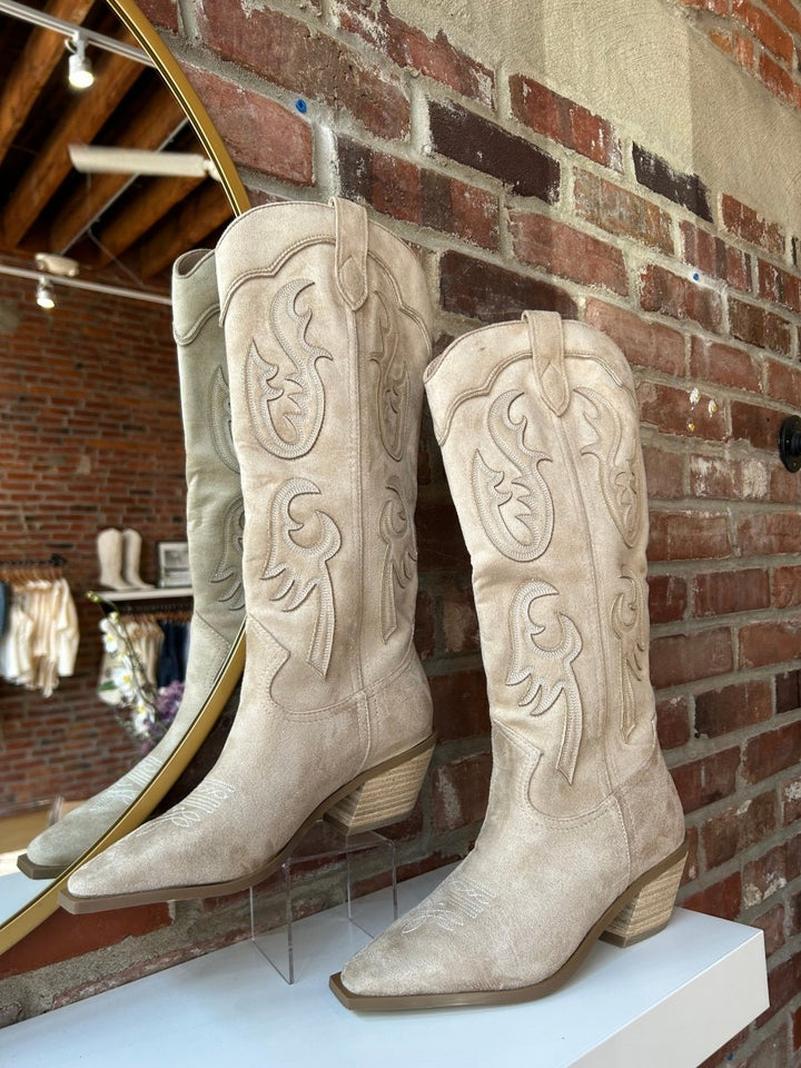 Lucy Brown Suede Embroidered Western Boot - Gwenna The Label