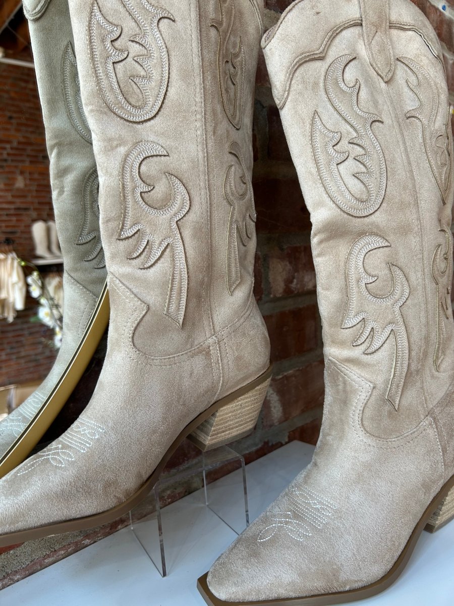 Lucy Brown Suede Embroidered Western Boot - Gwenna The Label